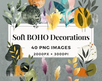 Paquete de imágenes prediseñadas de 40 decoraciones boho suaves - DESCARGA INSTANTE, fondo transparente PNG, uso personal y comercial. THS001