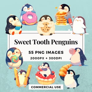 55 Paquete de imágenes prediseñadas de pingüinos golosos DESCARGA INSTANTE 55 Ilustraciones de pingüinos lindos, fondo transparente PNG, uso personal. THS004