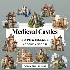 40 Medieval Castles Clipart Pack INSTANT DOWNLOAD 40 Enchanting Castle Illustrations, PNG Transparent Background, Commercial Use. THS001