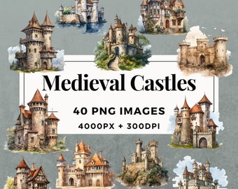 40 Medieval Castles Clipart Pack INSTANT DOWNLOAD 40 Enchanting Castle Illustrations, PNG Transparent Background, Commercial Use. THS001