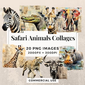May include: A collection of 20 digital collage images featuring safari animals, including a zebra, giraffe, elephant, crocodile, cheetah, buffalo, and hippopotamus. The images are in a vintage style with a textured background and are perfect for digital scrapbooking, crafting, and design projects.  2000px + 300dpi. Commercial use.