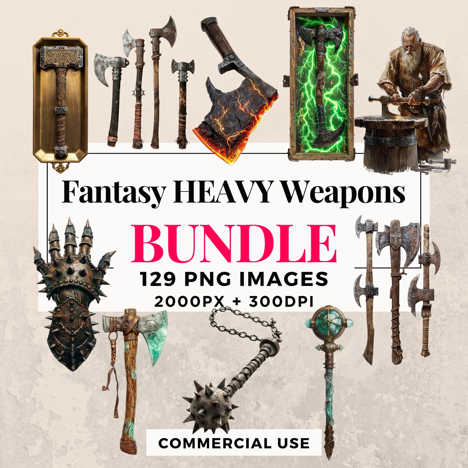 129 Fantasy Heavy Weapons Clipart Bundle - Instant Download, PNG Images ...