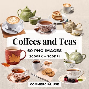 60 Coffees and Teas Clipart Pack INSTANT DOWNLOAD 60 Cozy Beverage Illustrations, PNG Transparent Background, Commercial Use. THS003