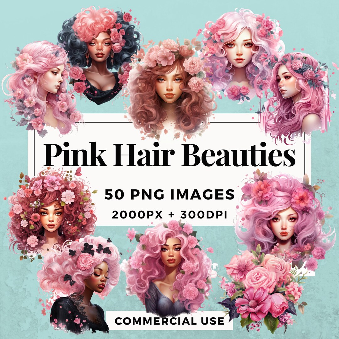 50 Pink Hair Beauties Clipart Pack - INSTANT DOWNLOAD, PNG Transparent ...