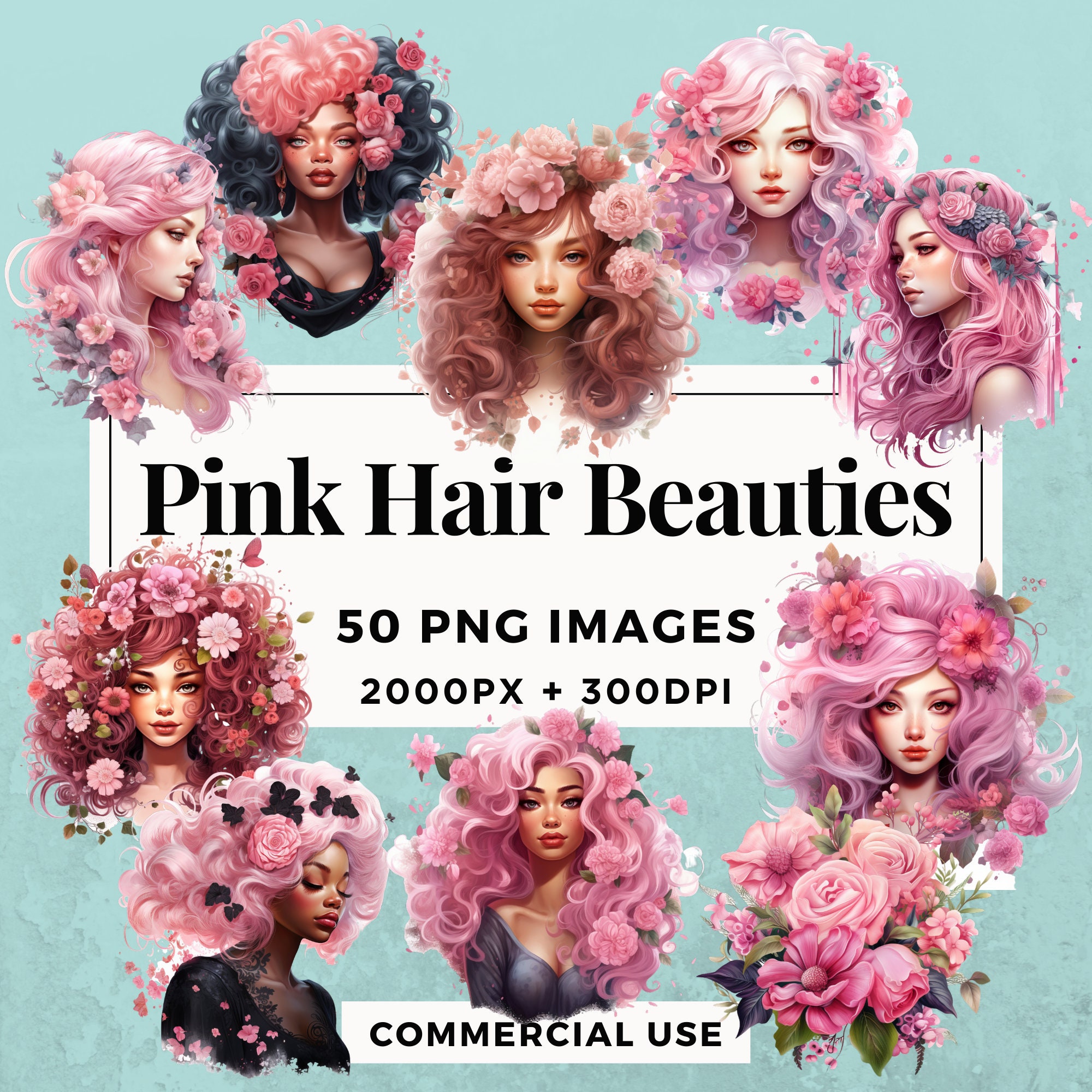 50 Pink Hair Beauties Clipart Pack - INSTANT DOWNLOAD, PNG Transparent ...