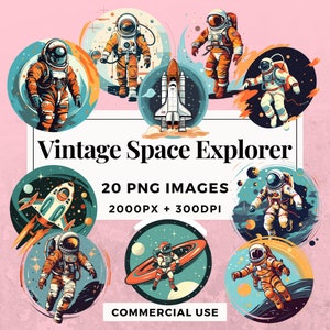 20 Vintage Space Explorer Clipart Pack INSTANT DOWNLOAD 20 Space Explorer illustraties, transparante PNG-achtergrond, commercieel gebruik. THS006