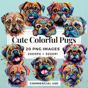 20 Cute Colorful Pugs Clipart Pack INSTANT DOWNLOAD 20 Adorable Pug Illustrations, PNG Transparent Background, Commercial Use. THS004