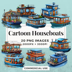 20 Cartoon Houseboats Clipart Pack INSTANT DOWNLOAD 20 Whimsical Houseboat Illustrations, PNG Transparent Background, Commercial Use. THS004