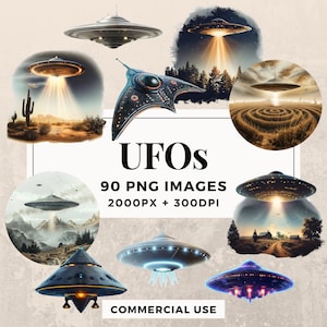 90 UFOs Clipart Pack - INSTANT DOWNLOAD, PNG transparenten Hintergrund, persönliche und kommerzielle Nutzung. THS003