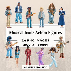 24 muzikale pictogrammen actiefiguren clipartpakket INSTANT DOWNLOAD, transparante achtergrond PNG, persoonlijk en commercieel gebruik. THS003