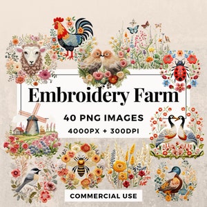 40 Broderie Ferme Clipart Pack TÉLÉCHARGEMENT INSTANTANÉ Charme Brodé Ferme Illustrations, PNG Fond Transparent, Utilisation commerciale. THS003
