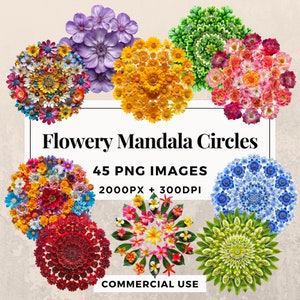 45 blumige Mandala-Kreise, Clipart-Pack, SOFORTIGER DOWNLOAD 45 wunderschöne Mandala-Designs, PNG transparenter Hintergrund, kommerzielle Nutzung. THS003