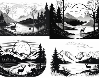 Buck Doe Deer Mountain Tree Lake Clip Art Bundle