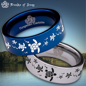 Sea Turtle Tortoise Tungsten Carbide Wedding Band Ring