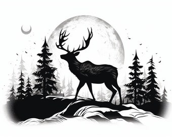 Buck Deer Antler Mountain Tree Eagle Deer Hunting Scene