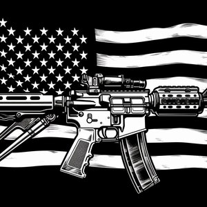 以下が含まれることがあります： アメリカの国旗を背景に、スコープ付きのライフルの白黒イラスト