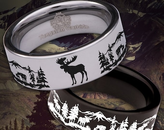Elch-Landschaft Personalisieren Sie Laser Gravieren Wolfram Ehering Ring