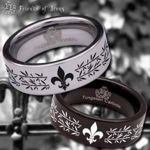 Anillo de boda de tungsteno con grabado láser personalizado de flor de lis