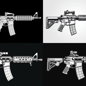 May include: A black and white illustration of a semi-automatic rifle with a scope, a magazine, and a handguard. The rifle is shown in four different positions.