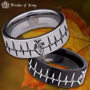 Anatomical Heart Lifeline Heart Beat Tungsten Carbide Wedding Band Vow Renewal Ring