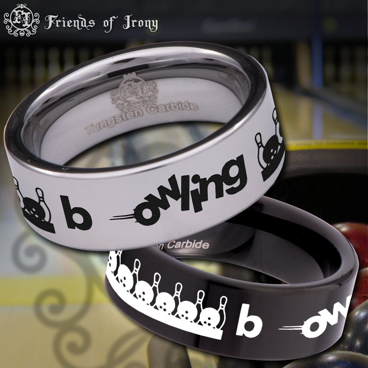 Bowling Ball Pins Tungsten Carbide Wedding Band Ring