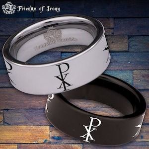Chi Rho Tungsten Carbide Wedding Band Ring