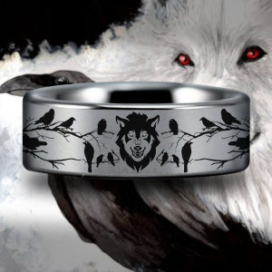 Wolf and Raven Tungsten Carbide Wedding Band Vow Renewal Ring