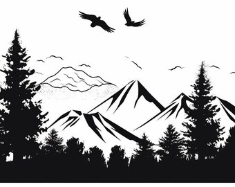 Peut inclure: Illustration en silhouette noire et blanche d'une chaîne de montagnes avec deux oiseaux volant au-dessus. La chaîne de montagnes est entourée d'arbres et de nuages.