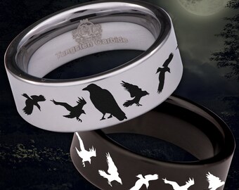 Anillo de boda de tungsteno con grabado láser personalizado de cuervo