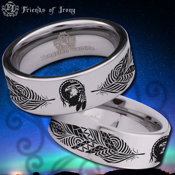 Native American Eagle Feather Tungsten Carbide Wedding Band Ring 