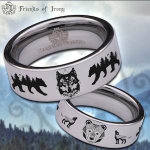 Wolf and Bear Tungsten Carbide Wedding Band Ring
