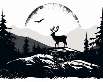 Buck Deer Antler Mountain Tree Eagle Deer Hunting Scene v2