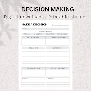Può includere: Pianificatore di presa di decisioni stampabile con sezioni per il dilemma, l'importanza della decisione, lo scenario migliore, lo scenario peggiore, i pro e i contro, i sentimenti istintivi, la conclusione razionale, la conclusione intuitiva, la decisione e i passaggi successivi.