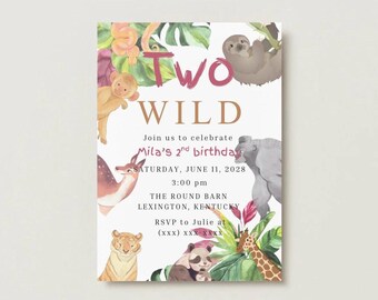 Verjaardagsuitnodiging voor twee wilde safari's, jungledieren 2e verjaardagssjabloon (direct downloaden)