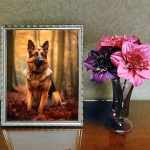 Portrait of a German Shepherd dog.  This high quality, digital poster wall art will add an inspiring touch to any pet lover's room.