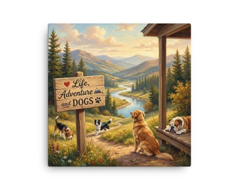 May include: A canvas print featuring a scenic landscape with a river, mountains, and trees. A wooden sign reads "Life, Adventure, and DOGS." Several dogs are depicted, including a golden retriever, a beagle, and a bulldog.
