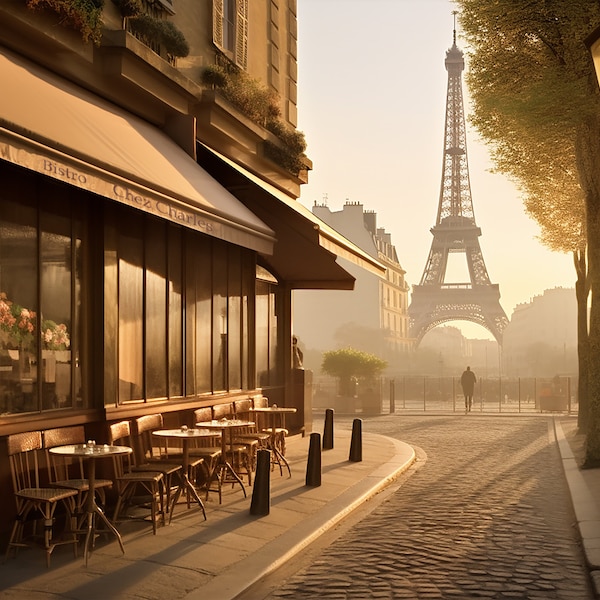 Paris Café Painting | Eiffel Tower | Digital Download | Wall Art Print | Printable Artwork | Parisian Poster | French City Scene