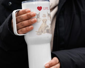 Dog Lover Travel Mug, Stainless Steel Tumbler, Coffee & Dog Art
