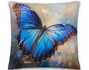 Blue Morpho Butterfly Throw Pillow: Linen-Feel Nature Art Cushion