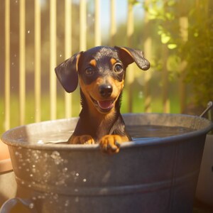 Cute Miniature Pinscher in an Outdoor Bathtub, Min Pin Wall Art, Cute Dog Bath, Printable Wall Art, Digital Download, Poster