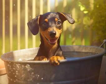 Cute Miniature Pinscher in an Outdoor Bathtub, Min Pin Wall Art, Cute Dog Bath, Printable Wall Art, Digital Download, Poster