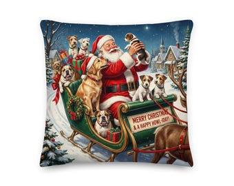 Santa’s Christmas Dog Sleigh Throw Pillow: Festive Holiday Decor for Dog Lovers