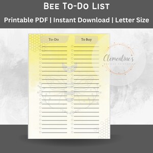 May include: A printable bee-themed to-do list with a yellow and white gradient background. The list is divided into two sections: "To-Do" and "To Buy". Each section has a checklist with 20 lines.