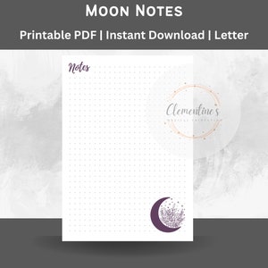 Op de afbeelding: Printbare maan-notitiepagina met een gestippeld raster, een wassende maan met bloemen en de tekst "Notes" bovenaan. De pagina is ontworpen door Clementine's Magical Printables.