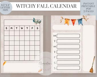 Peut inclure: Calendrier d'automne sorcier imprimable au format lettre 8,5 x 11 pouces. Le calendrier présente une chauve-souris, une bannière avec des drapeaux et un balai. Le calendrier offre de l'espace pour les tâches quotidiennes et les notes.
