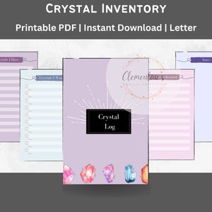 May include: Printable crystal inventory log with sections for crystals you have, crystals you want, and notes. The log has a purple background with a watercolour design of crystals and the text "Crystal Log" in a black box.