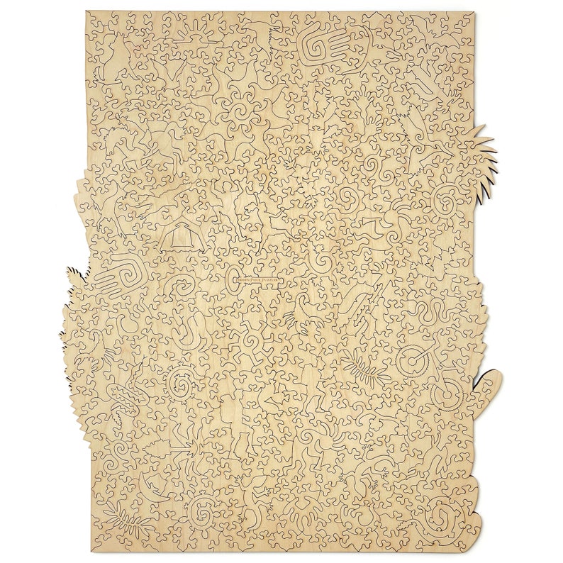 May include: A wooden jigsaw puzzle with a detailed design featuring a variety of animals, plants, and geometric patterns. The puzzle pieces are cut in a unique and intricate way, creating a challenging and rewarding experience.
