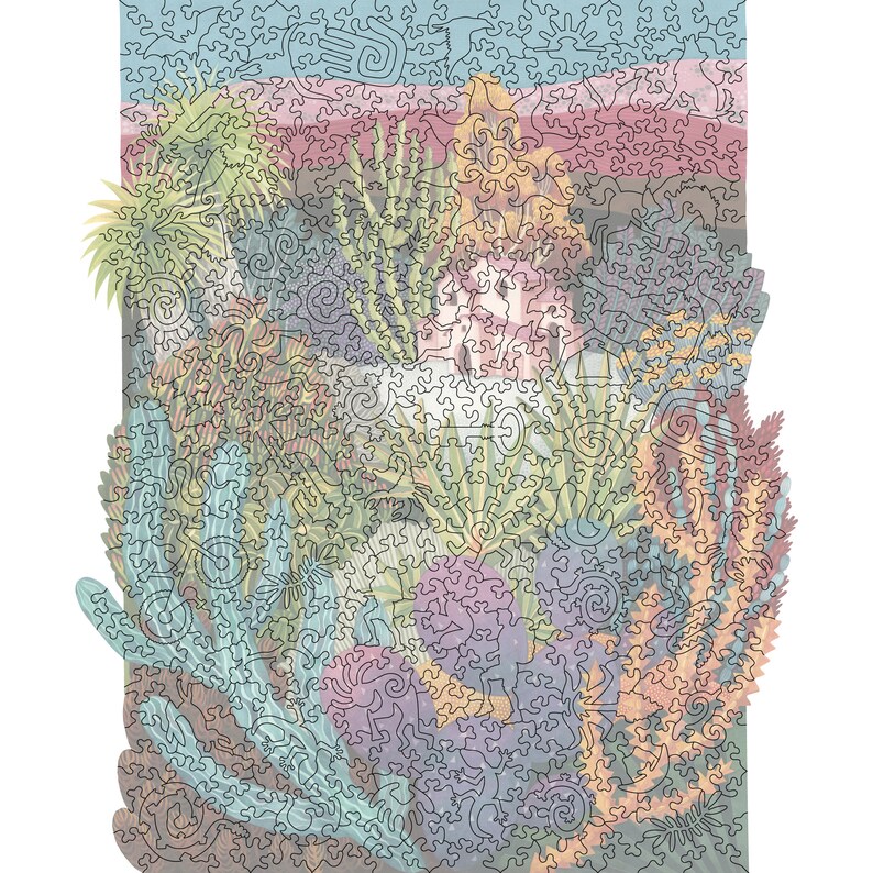 May include: A colorful jigsaw puzzle featuring a variety of cacti and desert plants. The puzzle pieces are cut in a unique, intricate style, creating a detailed and visually appealing image.