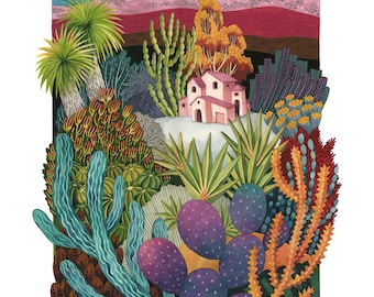 May include: A watercolor painting of a pink house with a green roof surrounded by a variety of cacti and succulents. The house is set against a background of a blue sky and pink and red hills.