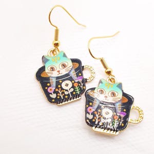 Cat in Teacup Dangle Earrings: Whimsical Kitty Lover Jewelry